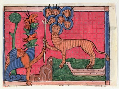 Miniaturas del Apocalipsis: El Dragón en Guerra y La Bestia del Mar, c.1295 de French School